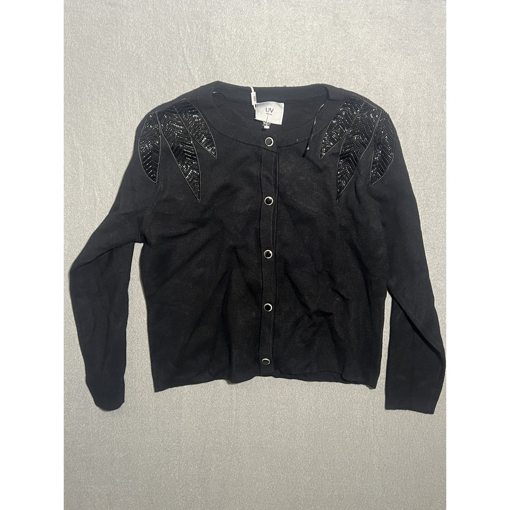 LIV Milano Women's Black Beaded Shoulder Cardigan Sweater Size L